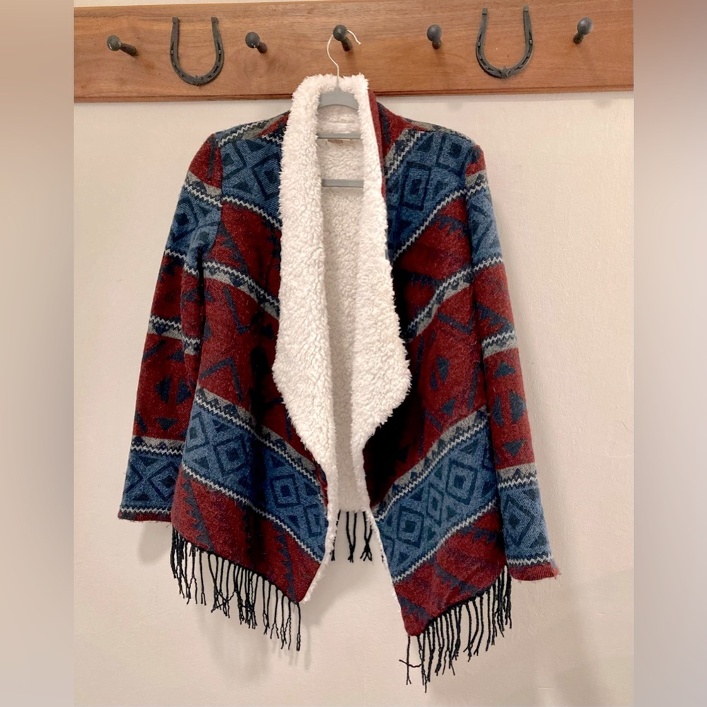 Hollister Aztec Fleece Jacket Cardigan blue/red Size Medium.